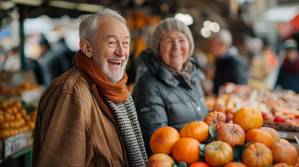 Elderly couple enjoying farmers market